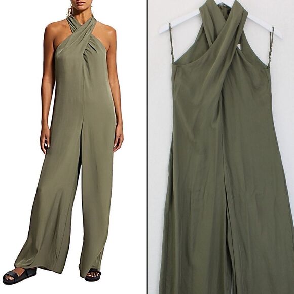 Theory Sleeveless Halter Jumpsuit in Washed Twill - Picture 1 of 3